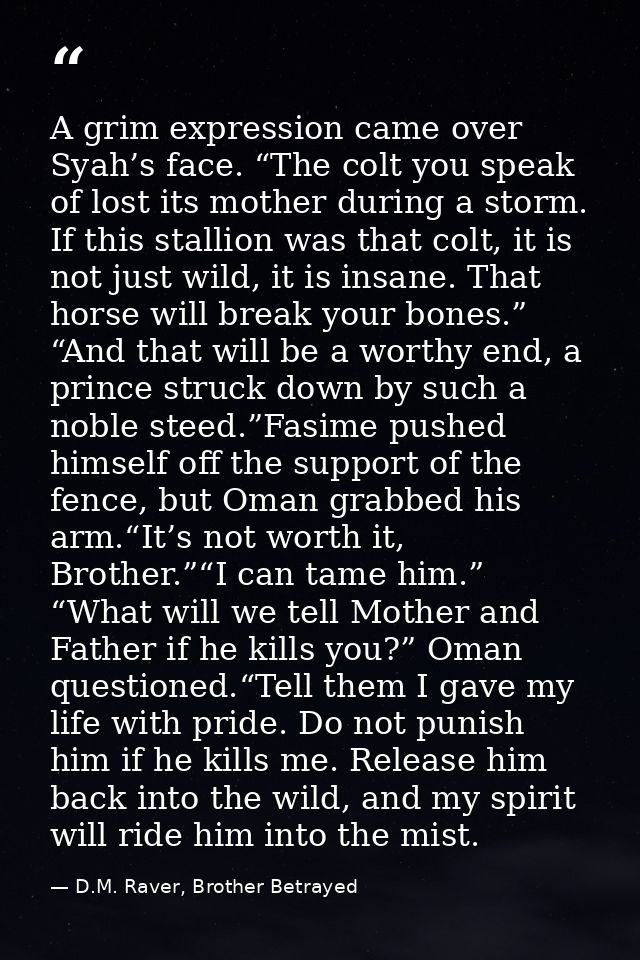 A grim expression came over Syah’s face. “The colt you speak of lost its mother during a storm. If this stallion was tha — D.M. Raver, Brother Betrayed