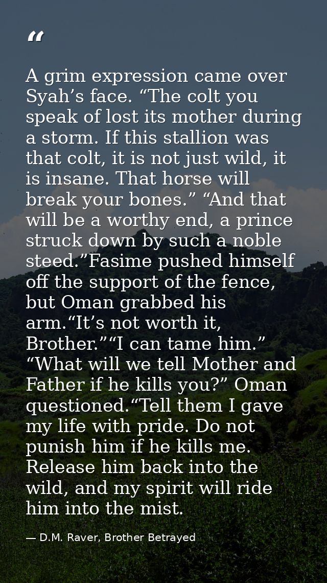 A grim expression came over Syah’s face. “The colt you speak of lost its mother during a storm. If this stallion was tha — D.M. Raver, Brother Betrayed