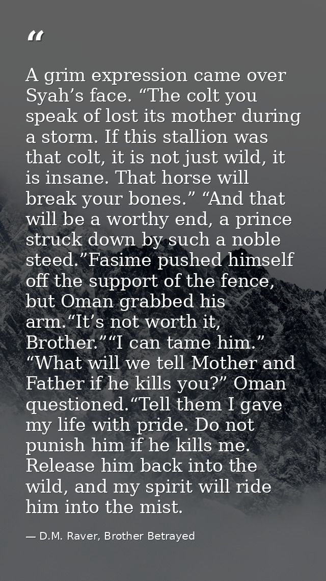A grim expression came over Syah’s face. “The colt you speak of lost its mother during a storm. If this stallion was tha — D.M. Raver, Brother Betrayed