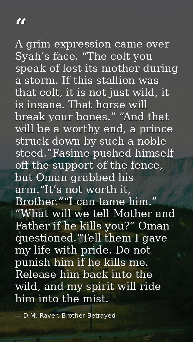 A grim expression came over Syah’s face. “The colt you speak of lost its mother during a storm. If this stallion was tha — D.M. Raver, Brother Betrayed