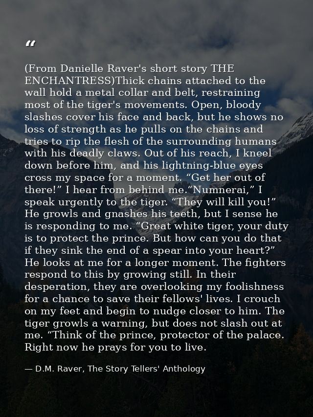 (From Danielle Raver's short story THE ENCHANTRESS)Thick chains attached to the wall hold a metal collar and belt, restr — D.M. Raver, The Story Tellers' Anthology