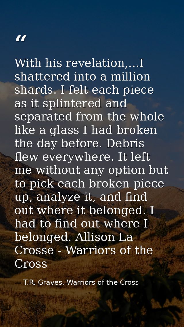 With his revelation,...I shattered into a million shards. I felt each piece as it splintered and separated from the whol — T.R. Graves, Warriors of the Cross