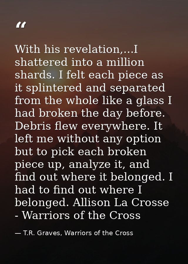 With his revelation,...I shattered into a million shards. I felt each piece as it splintered and separated from the whol — T.R. Graves, Warriors of the Cross