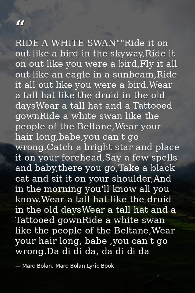 RIDE A WHITE SWAN""Ride it on out like a bird in the skyway,Ride it on out like you were a bird,Fly it all out like an e — Marc Bolan, Marc Bolan Lyric Book
