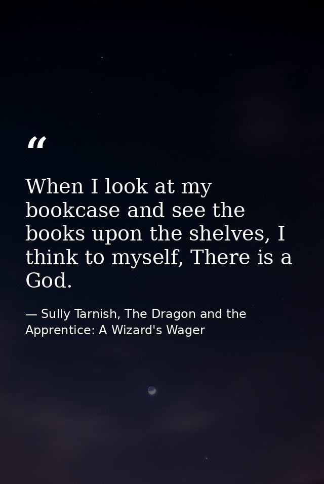 When I look at my bookcase and see the books upon the shelves, I think to myself, There is a God. — Sully Tarnish, The Dragon and the Apprentice: A Wizard's Wager