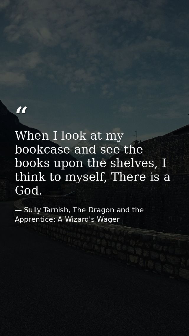 When I look at my bookcase and see the books upon the shelves, I think to myself, There is a God. — Sully Tarnish, The Dragon and the Apprentice: A Wizard's Wager