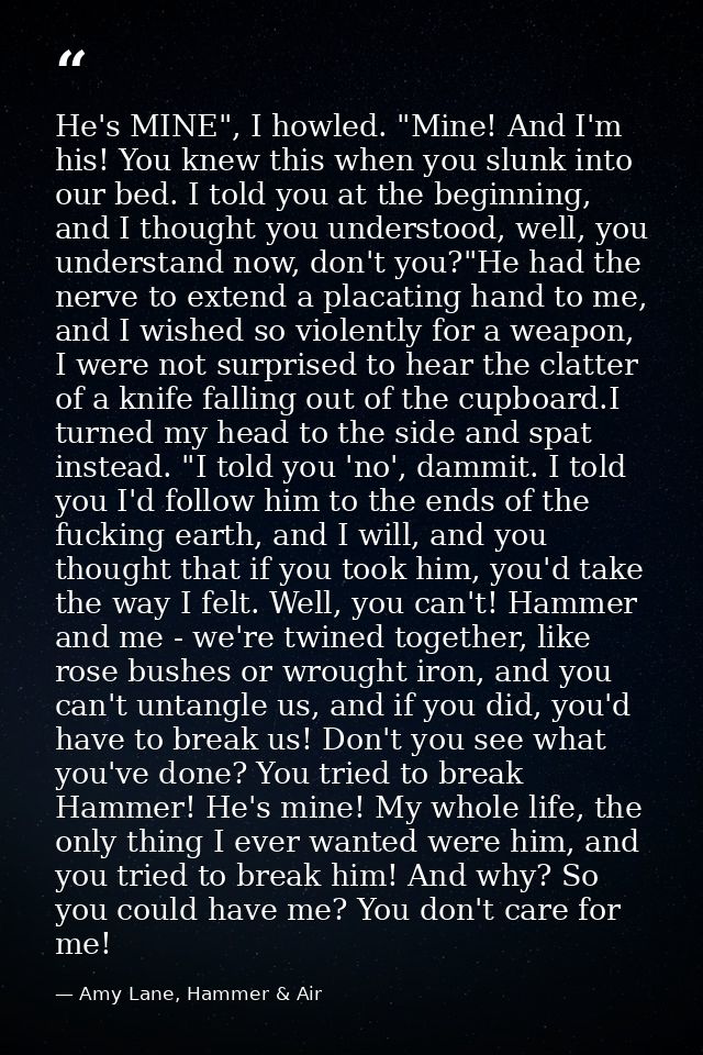 He's MINE", I howled. "Mine! And I'm his! You knew this when you slunk into our bed. I told you at the beginning, and I  — Amy Lane, Hammer & Air