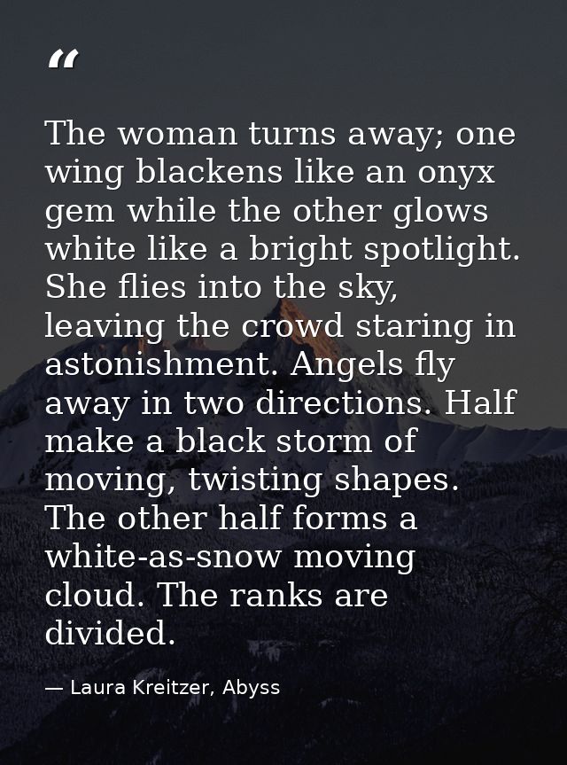 The woman turns away; one wing blackens like an onyx gem while the other glows white like a bright spotlight. She flies  — Laura Kreitzer, Abyss