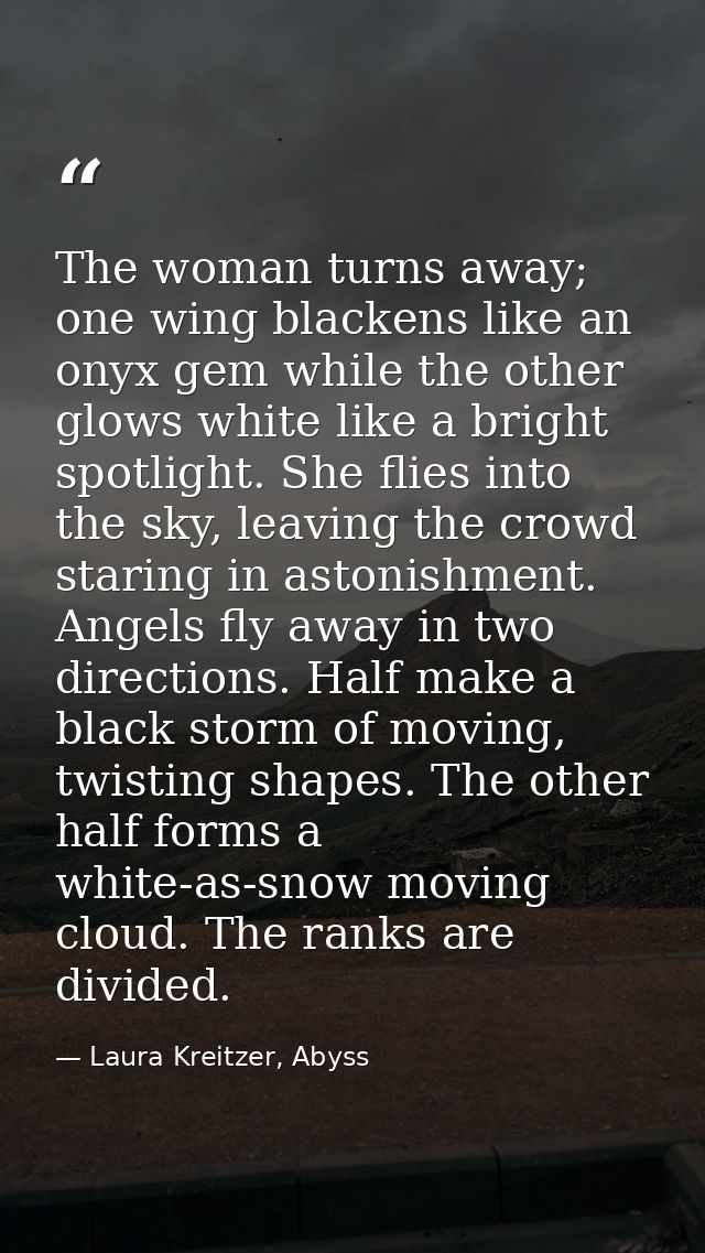 The woman turns away; one wing blackens like an onyx gem while the other glows white like a bright spotlight. She flies  — Laura Kreitzer, Abyss