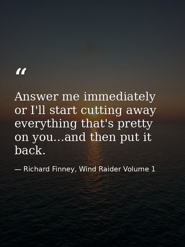 Answer me immediately or I'll start cutting away everything that's pretty on you...and then put it back. — Richard Finney, Wind Raider Volume 1