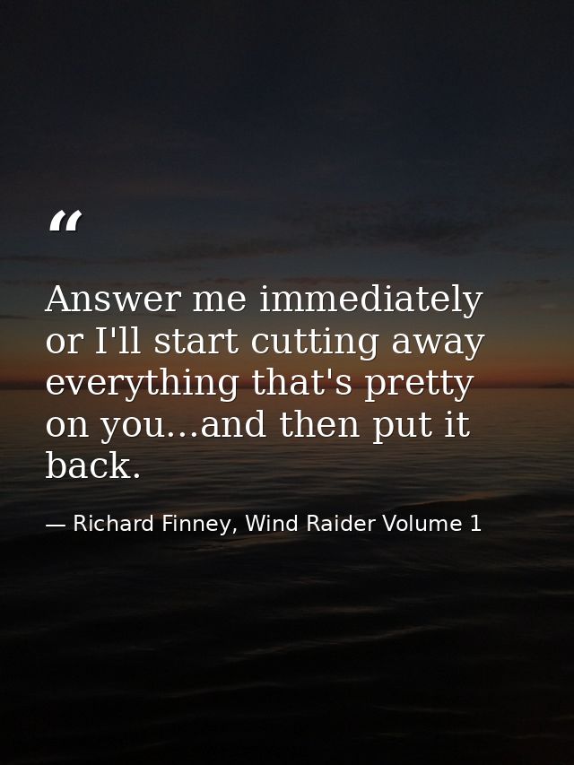 Answer me immediately or I'll start cutting away everything that's pretty on you...and then put it back. — Richard Finney, Wind Raider Volume 1