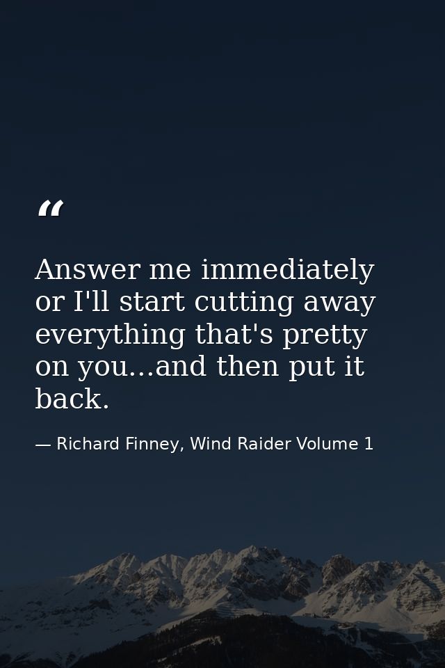 Answer me immediately or I'll start cutting away everything that's pretty on you...and then put it back. — Richard Finney, Wind Raider Volume 1