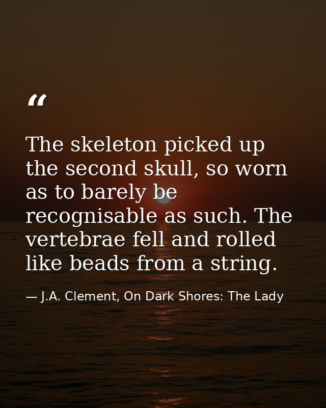The skeleton picked up the second skull, so worn as to barely be recognisable as such. The vertebrae fell and rolled lik — J.A. Clement, On Dark Shores: The Lady