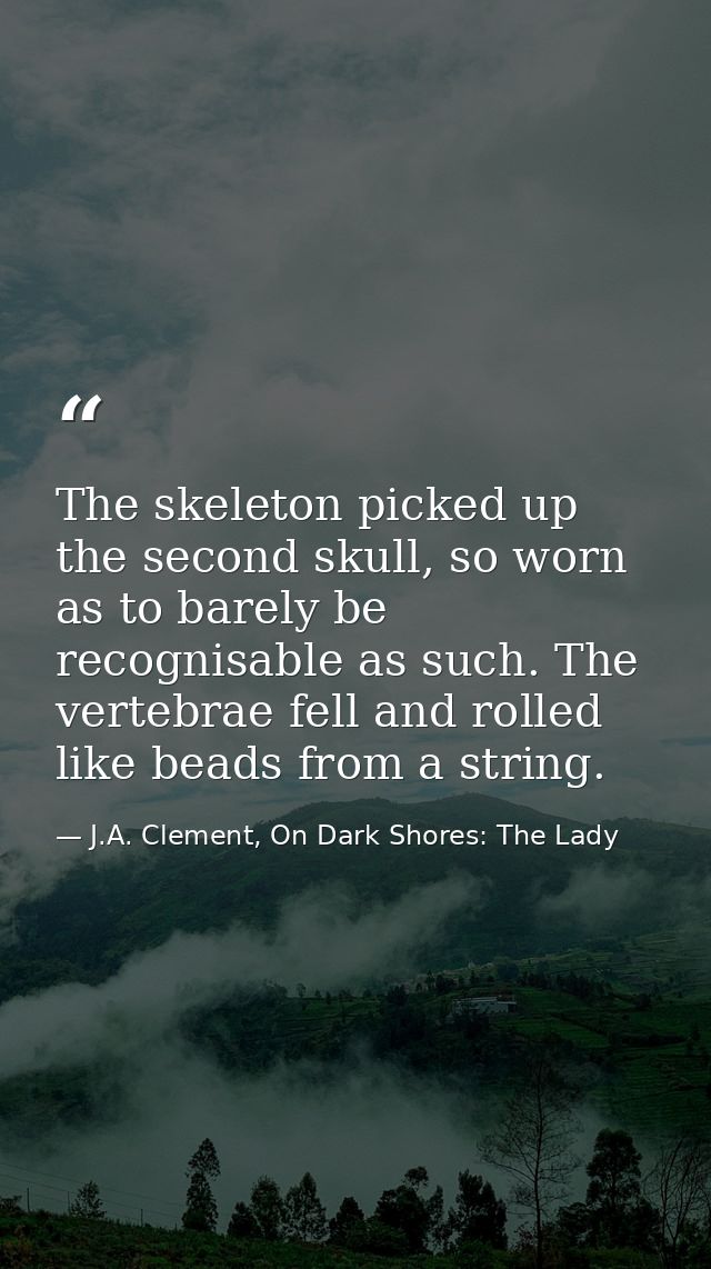 The skeleton picked up the second skull, so worn as to barely be recognisable as such. The vertebrae fell and rolled lik — J.A. Clement, On Dark Shores: The Lady
