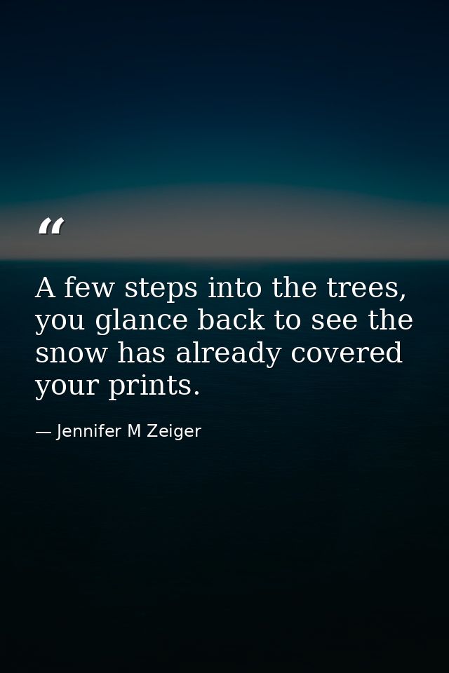 A few steps into the trees, you glance back to see the snow has already covered your prints. — Jennifer M Zeiger