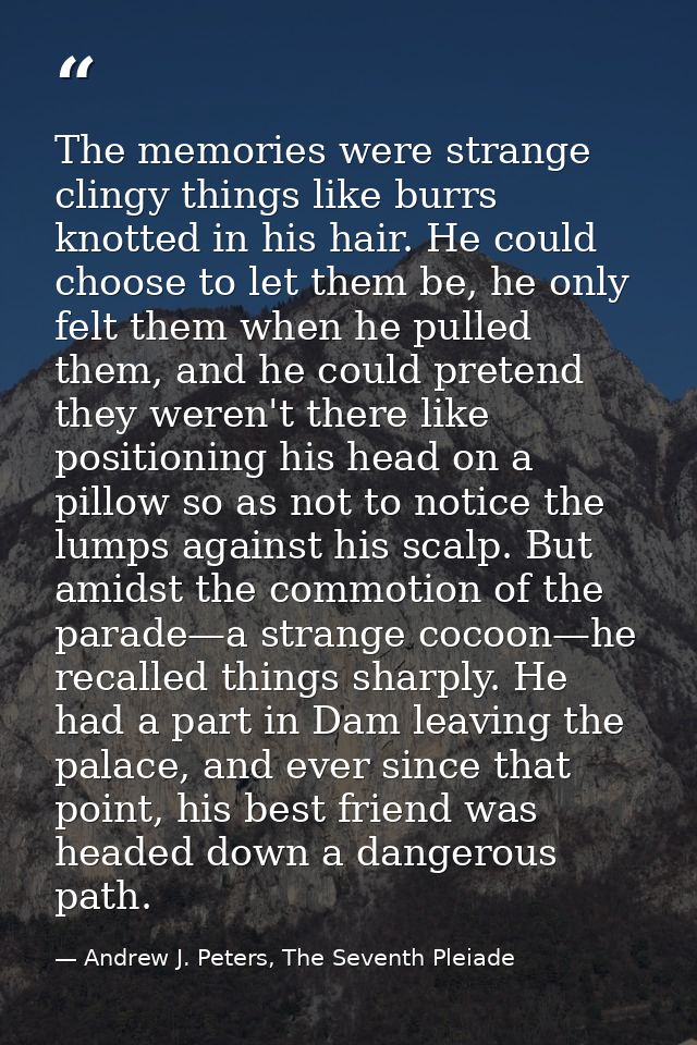 The memories were strange clingy things like burrs knotted in his hair. He could choose to let them be, he only felt the — Andrew J. Peters, The Seventh Pleiade