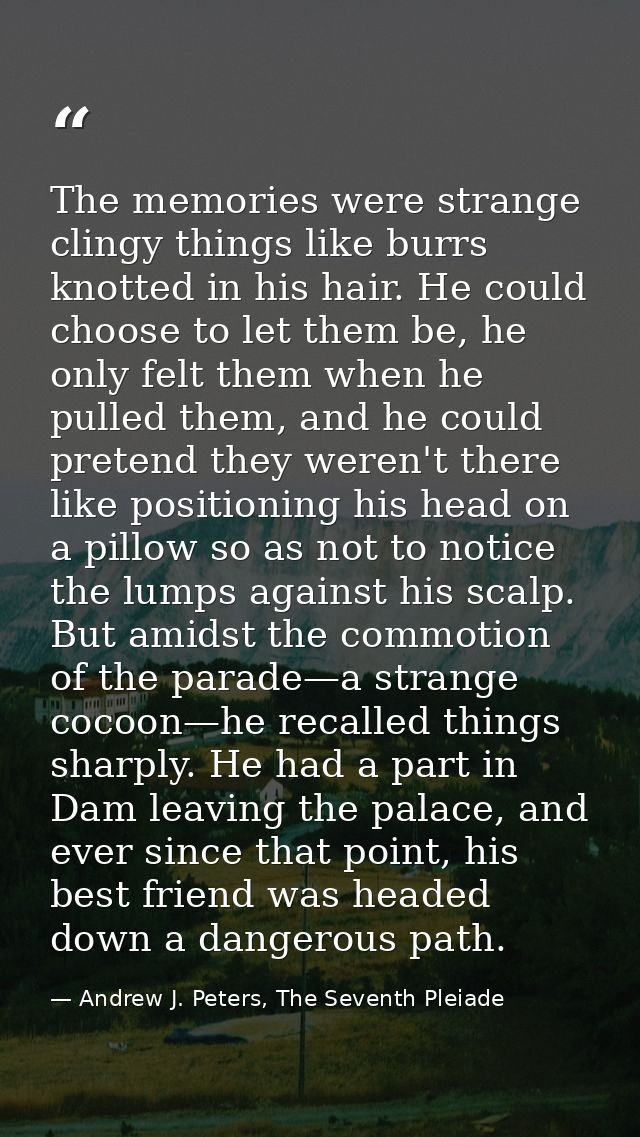 The memories were strange clingy things like burrs knotted in his hair. He could choose to let them be, he only felt the — Andrew J. Peters, The Seventh Pleiade