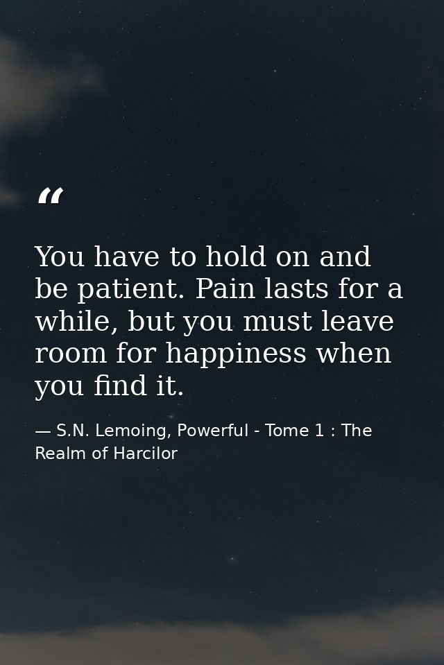You have to hold on and be patient. Pain lasts for a while, but you must leave room for happiness when you find it. — S.N. Lemoing, Powerful - Tome 1 : The Realm of Harcilor