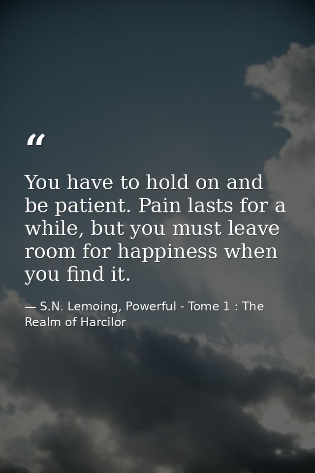 You have to hold on and be patient. Pain lasts for a while, but you must leave room for happiness when you find it. — S.N. Lemoing, Powerful - Tome 1 : The Realm of Harcilor