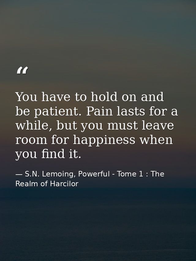 You have to hold on and be patient. Pain lasts for a while, but you must leave room for happiness when you find it. — S.N. Lemoing, Powerful - Tome 1 : The Realm of Harcilor
