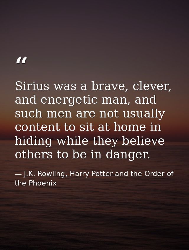 Sirius was a brave, clever, and energetic man, and such men are not usually content to sit at home in hiding while they  — J.K. Rowling, Harry Potter and the Order of the Phoenix