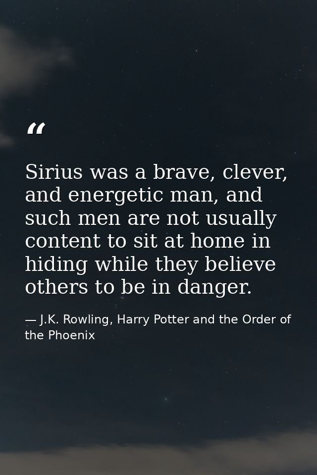 Sirius was a brave, clever, and energetic man, and such men are not usually content to sit at home in hiding while they  — J.K. Rowling, Harry Potter and the Order of the Phoenix