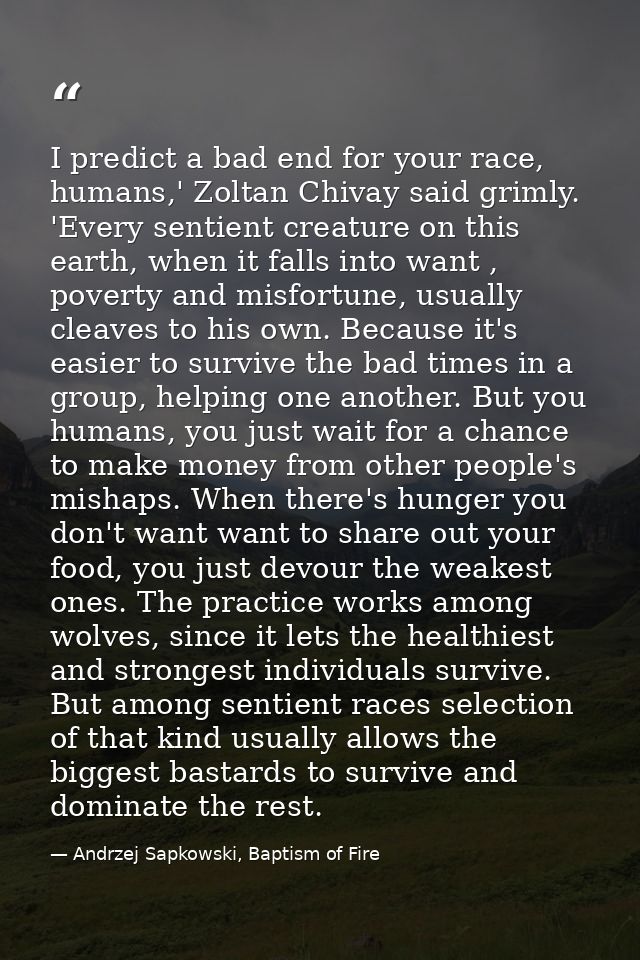 I predict a bad end for your race, humans,' Zoltan Chivay said grimly. 'Every sentient creature on this earth, when it f — Andrzej Sapkowski, Baptism of Fire