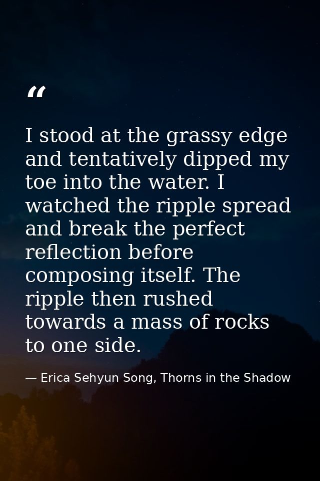 I stood at the grassy edge and tentatively dipped my toe into the water. I watched the ripple spread and break the perfe — Erica Sehyun Song, Thorns in the Shadow