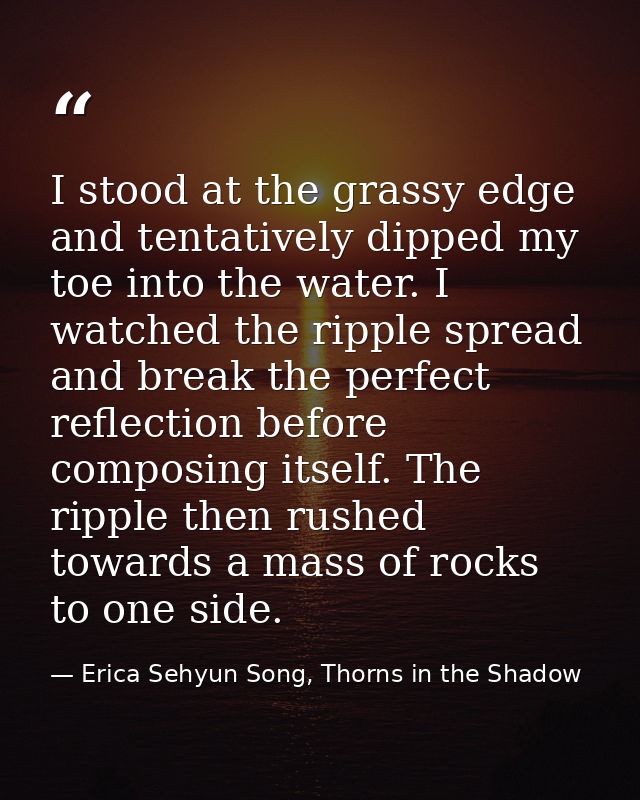 I stood at the grassy edge and tentatively dipped my toe into the water. I watched the ripple spread and break the perfe — Erica Sehyun Song, Thorns in the Shadow
