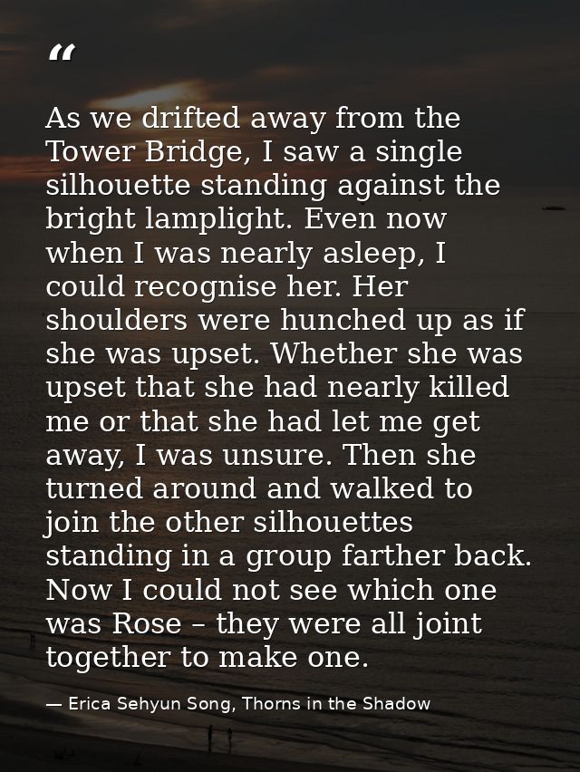 As we drifted away from the Tower Bridge, I saw a single silhouette standing against the bright lamplight. Even now when — Erica Sehyun Song, Thorns in the Shadow