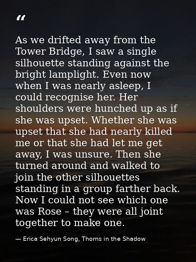 As we drifted away from the Tower Bridge, I saw a single silhouette standing against the bright lamplight. Even now when — Erica Sehyun Song, Thorns in the Shadow