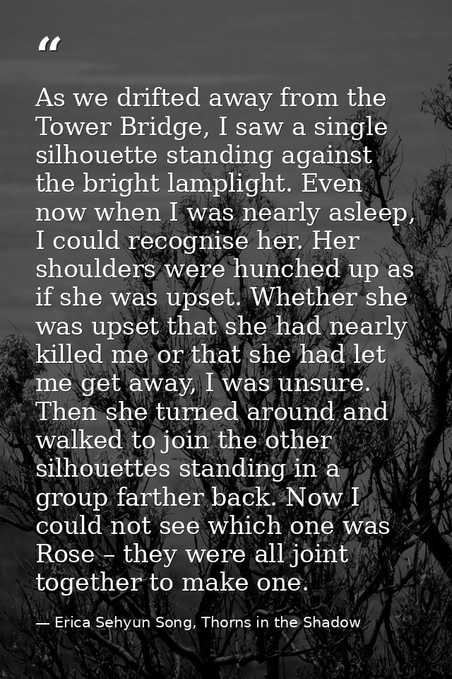 As we drifted away from the Tower Bridge, I saw a single silhouette standing against the bright lamplight. Even now when — Erica Sehyun Song, Thorns in the Shadow