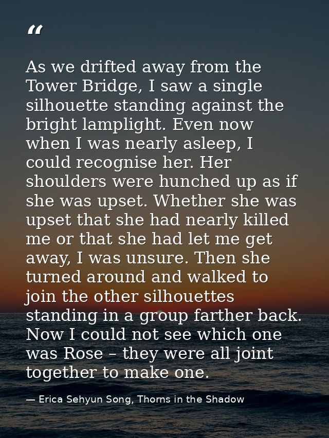 As we drifted away from the Tower Bridge, I saw a single silhouette standing against the bright lamplight. Even now when — Erica Sehyun Song, Thorns in the Shadow