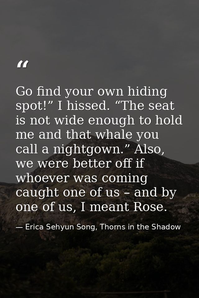 Go find your own hiding spot!” I hissed. “The seat is not wide enough to hold me and that whale you call a nightgown.” A — Erica Sehyun Song, Thorns in the Shadow