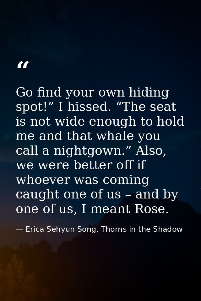Go find your own hiding spot!” I hissed. “The seat is not wide enough to hold me and that whale you call a nightgown.” A — Erica Sehyun Song, Thorns in the Shadow