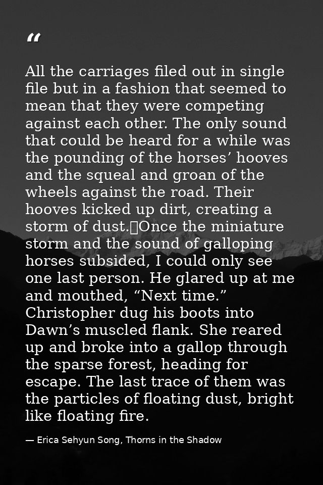 All the carriages filed out in single file but in a fashion that seemed to mean that they were competing against each ot — Erica Sehyun Song, Thorns in the Shadow