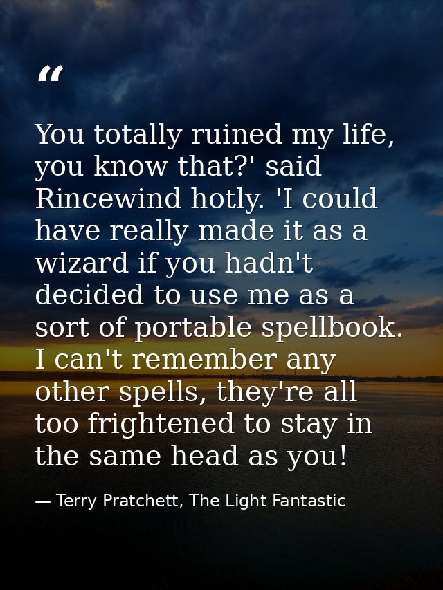 You totally ruined my life, you know that?' said Rincewind hotly. 'I could have really made it as a wizard if you hadn't — Terry Pratchett, The Light Fantastic