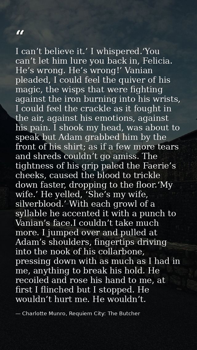 I can’t believe it.’ I whispered.‘You can’t let him lure you back in, Felicia. He’s wrong. He’s wrong!’ Vanian pleaded,  — Charlotte Munro, Requiem City: The Butcher