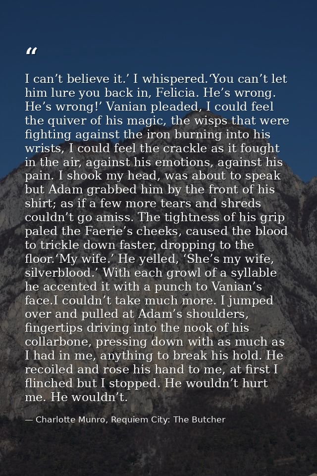 I can’t believe it.’ I whispered.‘You can’t let him lure you back in, Felicia. He’s wrong. He’s wrong!’ Vanian pleaded,  — Charlotte Munro, Requiem City: The Butcher
