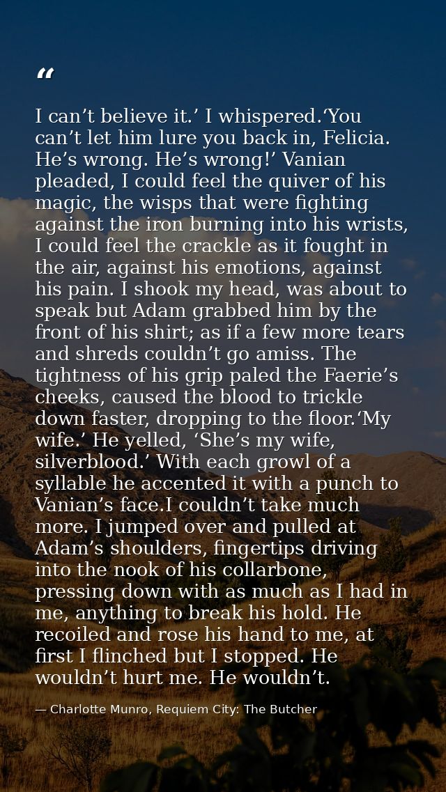 I can’t believe it.’ I whispered.‘You can’t let him lure you back in, Felicia. He’s wrong. He’s wrong!’ Vanian pleaded,  — Charlotte Munro, Requiem City: The Butcher