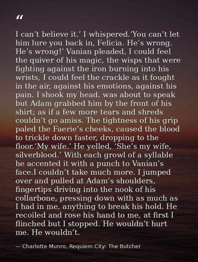 I can’t believe it.’ I whispered.‘You can’t let him lure you back in, Felicia. He’s wrong. He’s wrong!’ Vanian pleaded,  — Charlotte Munro, Requiem City: The Butcher