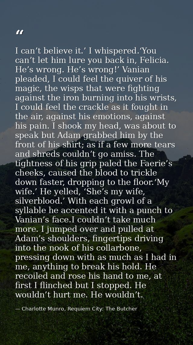 I can’t believe it.’ I whispered.‘You can’t let him lure you back in, Felicia. He’s wrong. He’s wrong!’ Vanian pleaded,  — Charlotte Munro, Requiem City: The Butcher