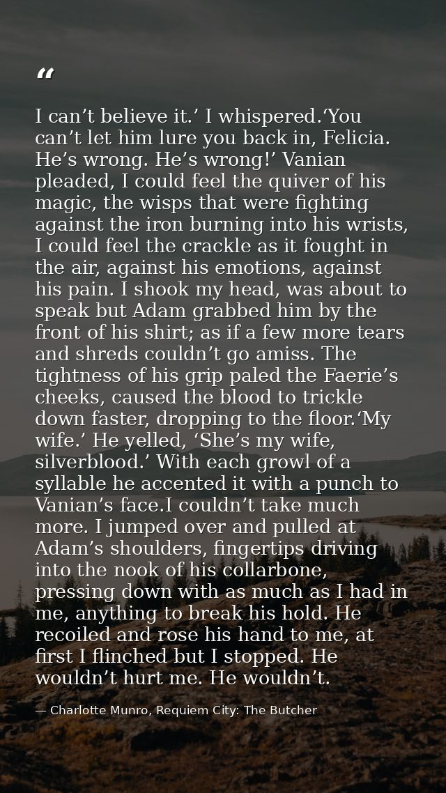 I can’t believe it.’ I whispered.‘You can’t let him lure you back in, Felicia. He’s wrong. He’s wrong!’ Vanian pleaded,  — Charlotte Munro, Requiem City: The Butcher