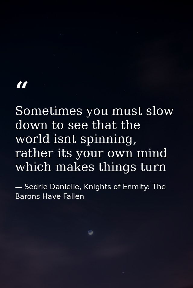 Sometimes you must slow down to see that the world isnt spinning, rather its your own mind which makes things turn — Sedrie Danielle, Knights of Enmity: The Barons Have Fallen
