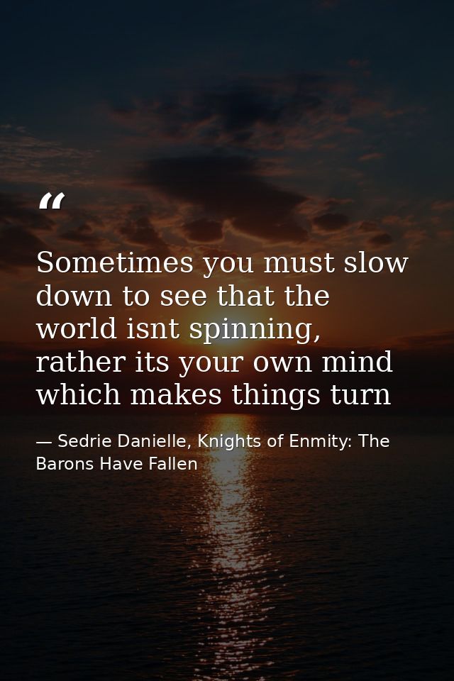 Sometimes you must slow down to see that the world isnt spinning, rather its your own mind which makes things turn — Sedrie Danielle, Knights of Enmity: The Barons Have Fallen