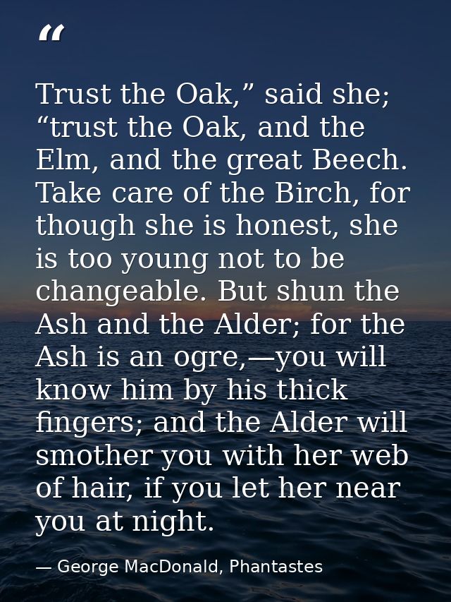 Trust the Oak,” said she; “trust the Oak, and the Elm, and the great Beech. Take care of the Birch, for though she is ho — George MacDonald, Phantastes