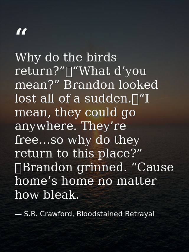 Why do the birds return?”	“What d’you mean?” Brandon looked lost all of a sudden.	“I mean, they could go anywhere. They’ — S.R. Crawford, Bloodstained Betrayal