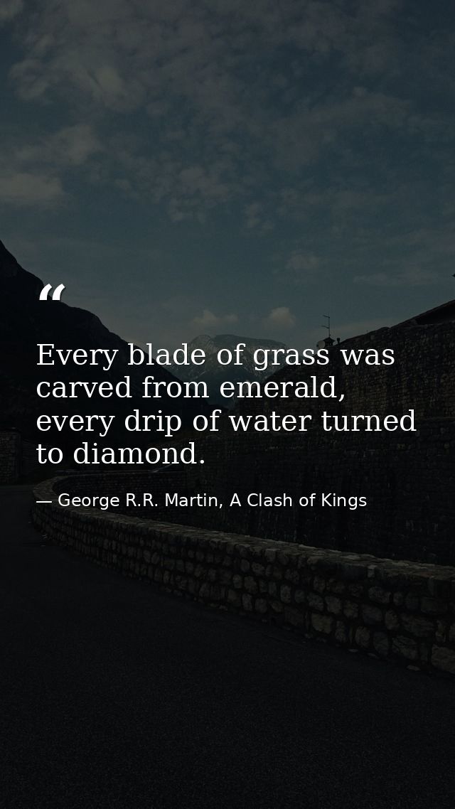 Every blade of grass was carved from emerald, every drip of water turned to diamond. — George R.R. Martin, A Clash of Kings