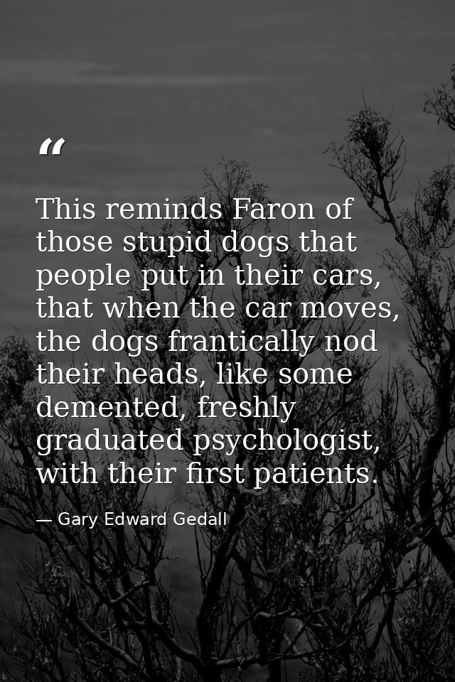 This reminds Faron of those stupid dogs that people put in their cars, that when the car moves, the dogs frantically nod — Gary Edward Gedall