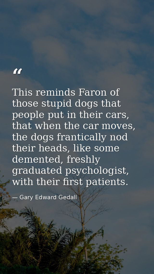 This reminds Faron of those stupid dogs that people put in their cars, that when the car moves, the dogs frantically nod — Gary Edward Gedall